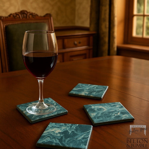 Set of 4 Blue & Silver Acrylic Pour Coasters – Modern Handmade Set — styled product shot