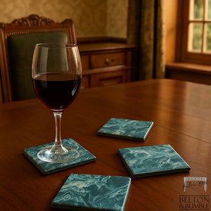 Set of 4 Blue & Silver Acrylic Pour Coasters – Modern Handmade Set — styled product shot