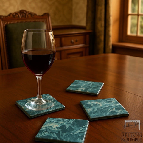 Set of 4 Blue & Silver Acrylic Pour Coasters – Modern Handmade Set — styled product shot