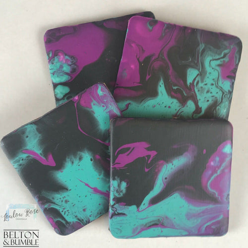 Set of 4 Green, Pink & Black Acrylic Pour Coasters – Handcrafted Ceramic Set — angled stack highlighting thickness and gloss