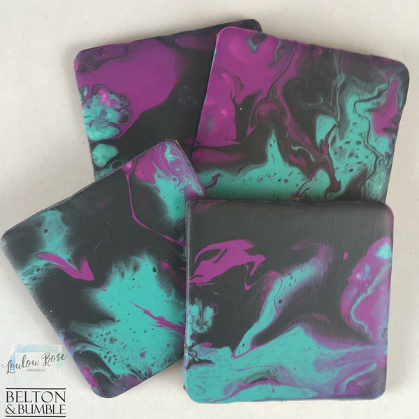 Set of 4 Green, Pink & Black Acrylic Pour Coasters – Handcrafted Ceramic Set — angled stack highlighting thickness and gloss