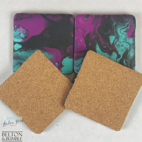 Set of 4 Green, Pink & Black Acrylic Pour Coasters – Handcrafted Ceramic Set — underside showing natural cork backing