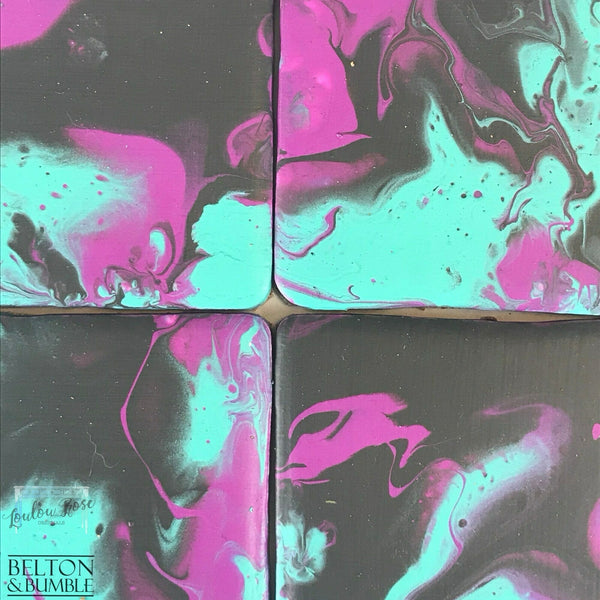 Set of 4 Green, Pink & Black Acrylic Pour Coasters – Handcrafted Ceramic Set — close-up of acrylic pour swirls and cells