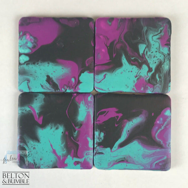 Set of 4 Green, Pink & Black Acrylic Pour Coasters – Handcrafted Ceramic Set — overhead grid showing full 4-piece set