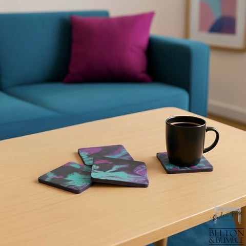 Set of 4 Green, Pink & Black Acrylic Pour Coasters – Handcrafted Ceramic Set — styled product shot