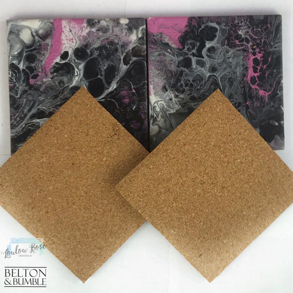 Set of 4 Pink & Black Acrylic Pour Coasters – Handcrafted Ceramic Art — underside showing natural cork backing