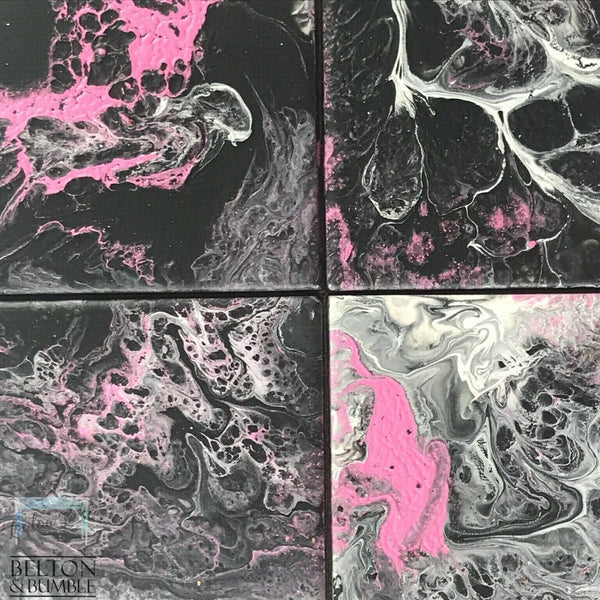 Set of 4 Pink & Black Acrylic Pour Coasters – Handcrafted Ceramic Art — close-up of acrylic pour swirls and cells