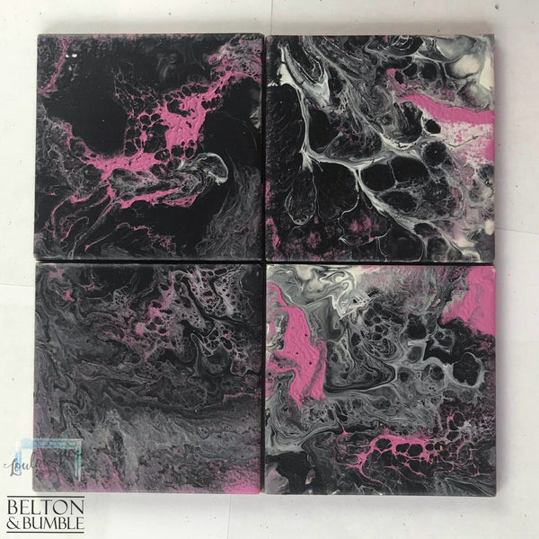 Set of 4 Pink & Black Acrylic Pour Coasters – Handcrafted Ceramic Art — overhead grid showing full 4-piece set