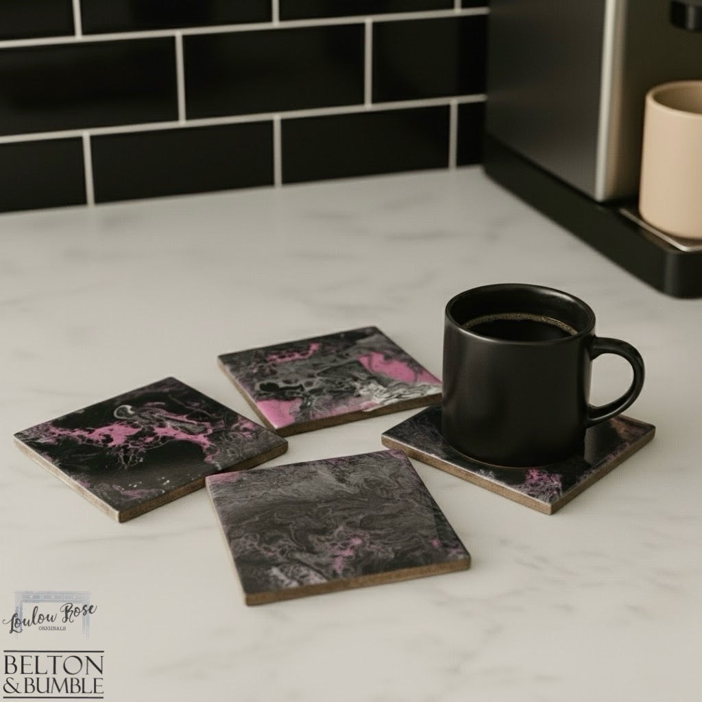 Set of 4 Pink & Black Acrylic Pour Coasters – Handcrafted Ceramic Art — styled product shot