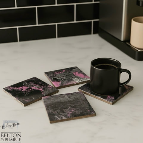 Set of 4 Pink & Black Acrylic Pour Coasters – Handcrafted Ceramic Art — styled product shot