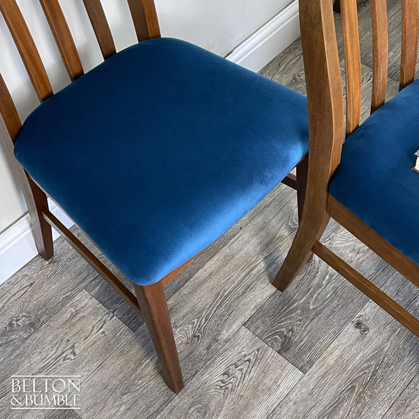 Set of Four Teak Dining Chairs with Navy Velvet – Close-up of teak with navy velvet and texture