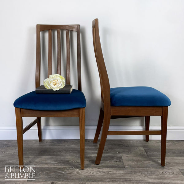 Set of Four Teak Dining Chairs with Navy Velvet – Side profile highlighting depth, leg shape and silhouette