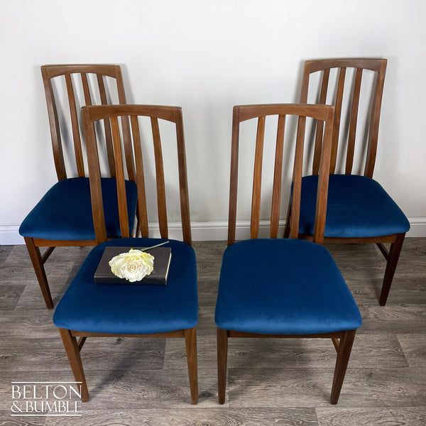Set of Four Teak Dining Chairs with Navy Velvet – Top surface detail showing shape 