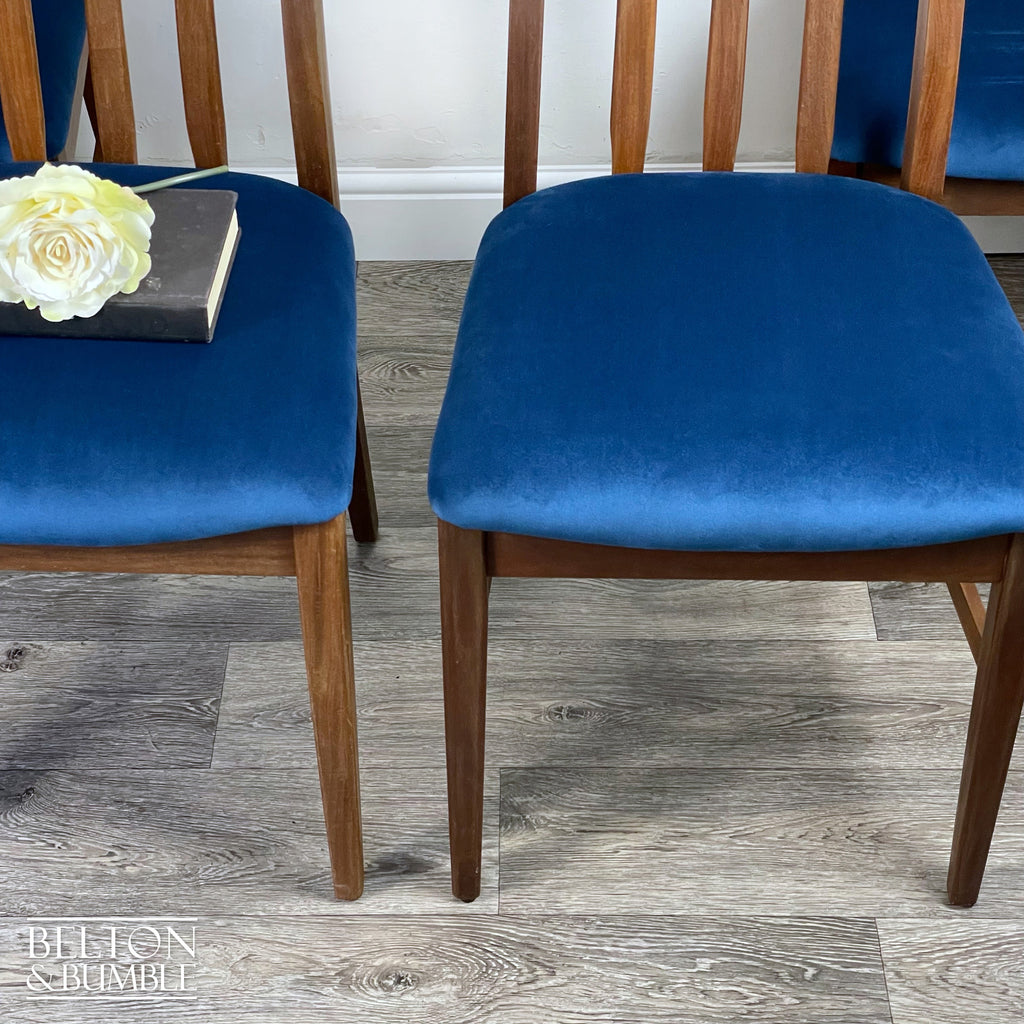 Set of Four Teak Dining Chairs with Navy Velvet – Close-up of velvet upholstered seat, wooden legs