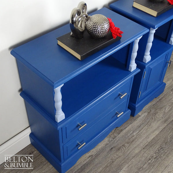 Set of Pine Bedside Cabinet Side Tables in Blue (Pair) — angled view of mismatched pair with open shelf tops