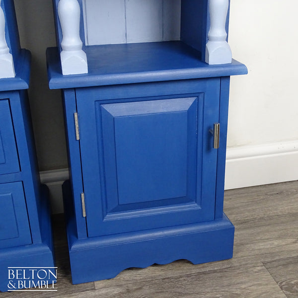 Set of Pine Bedside Cabinet Side Tables in Blue (Pair) — Close-up of Paris Blue and Georgian Sky chalk paint with clear wax