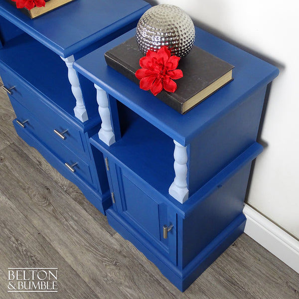Set of Pine Bedside Cabinet Side Tables in Blue (Pair) — Side profile of both cabinets showing depth and proportions
