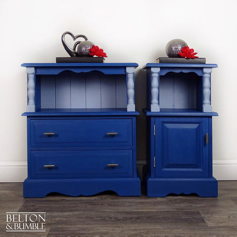 Set of Pine Bedside Cabinet Side Tables in Blue (Pair) — Styled shot used as bedside tables