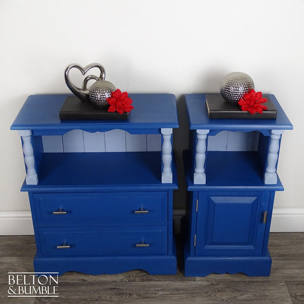 Set of Pine Bedside Cabinet Side Tables in Blue (Pair) — top view of mismatched pair with open shelf tops