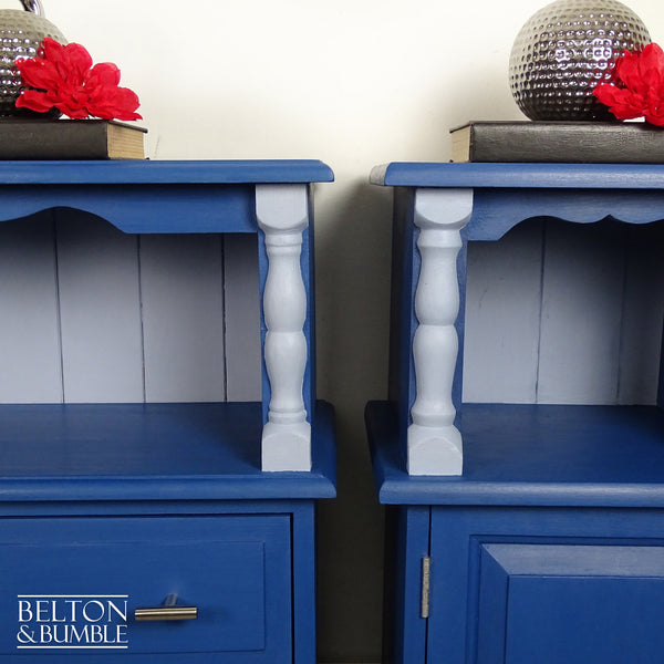 Set of Pine Bedside Cabinet Side Tables in Blue (Pair) — Close-up of turned column detailing and edges