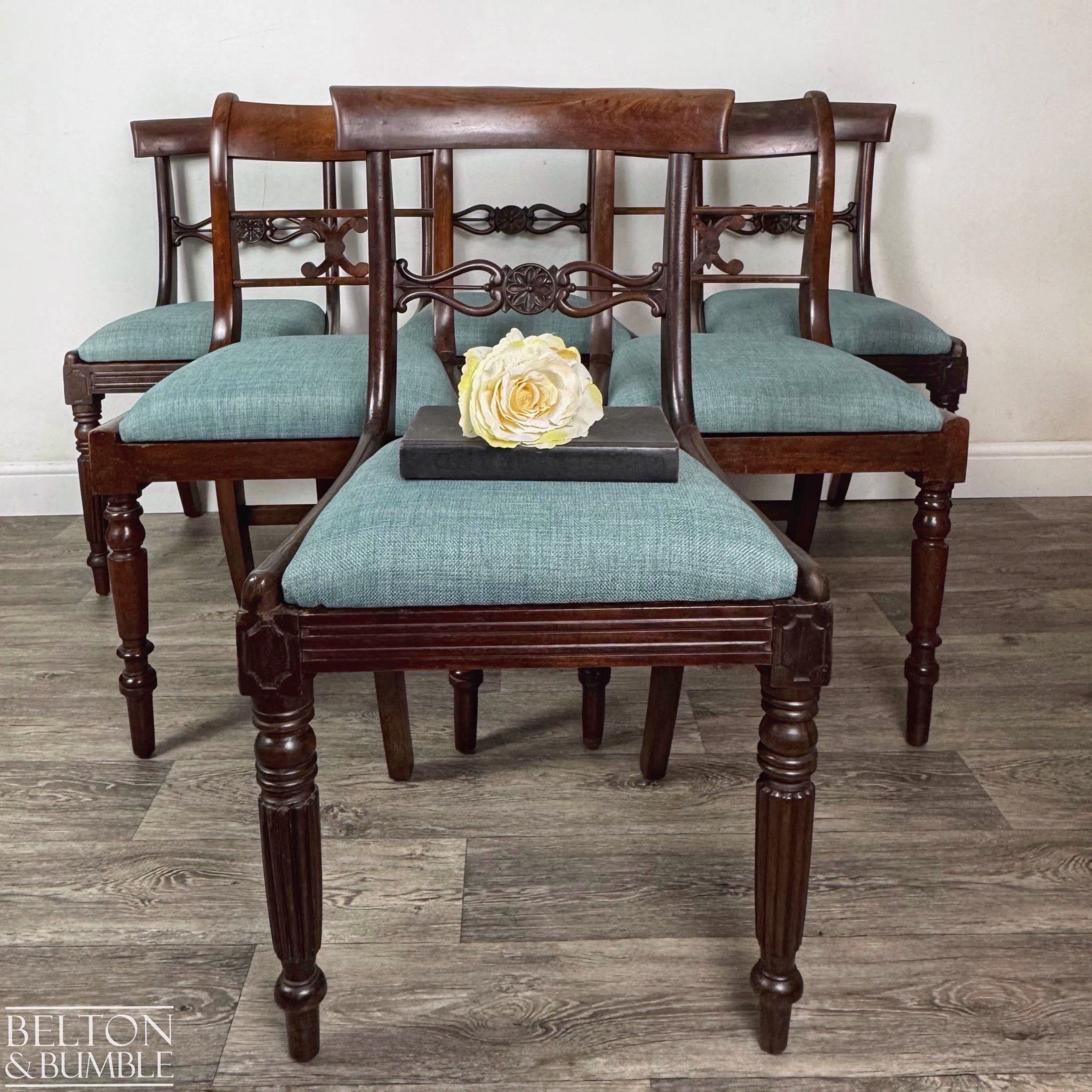 Set of six antique mahogany dining chairs featuring intricately carved backs and turned front legs, each with a teal upholstered seat, arranged in a staggered display on wood flooring with a single yellow rose resting on the front chair.