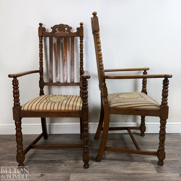 Set of Six Oak Carved Chairs Upholstered with Hand Sewn Tapestry – angled view showing proportions and stance