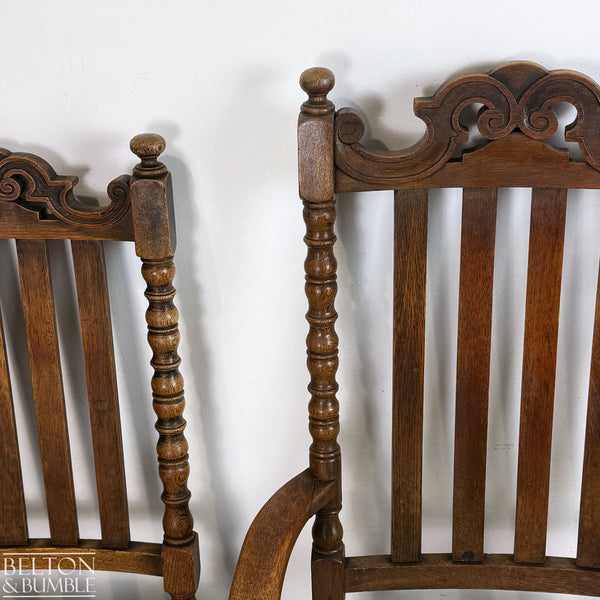 Set of Six Oak Carved Chairs Upholstered with Hand Sewn Tapestry – Close-up of oak finish and texture