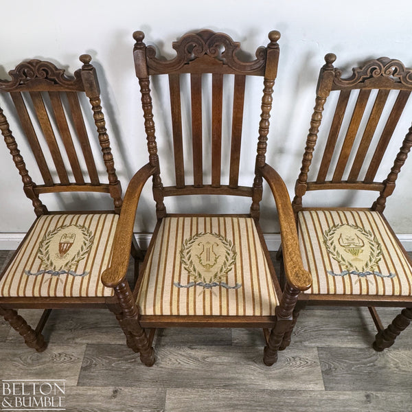 Set of Six Oak Carved Chairs Upholstered with Hand Sewn Tapestry – Restored vintage piece with oak and red accents and upholstered seat, wooden legs