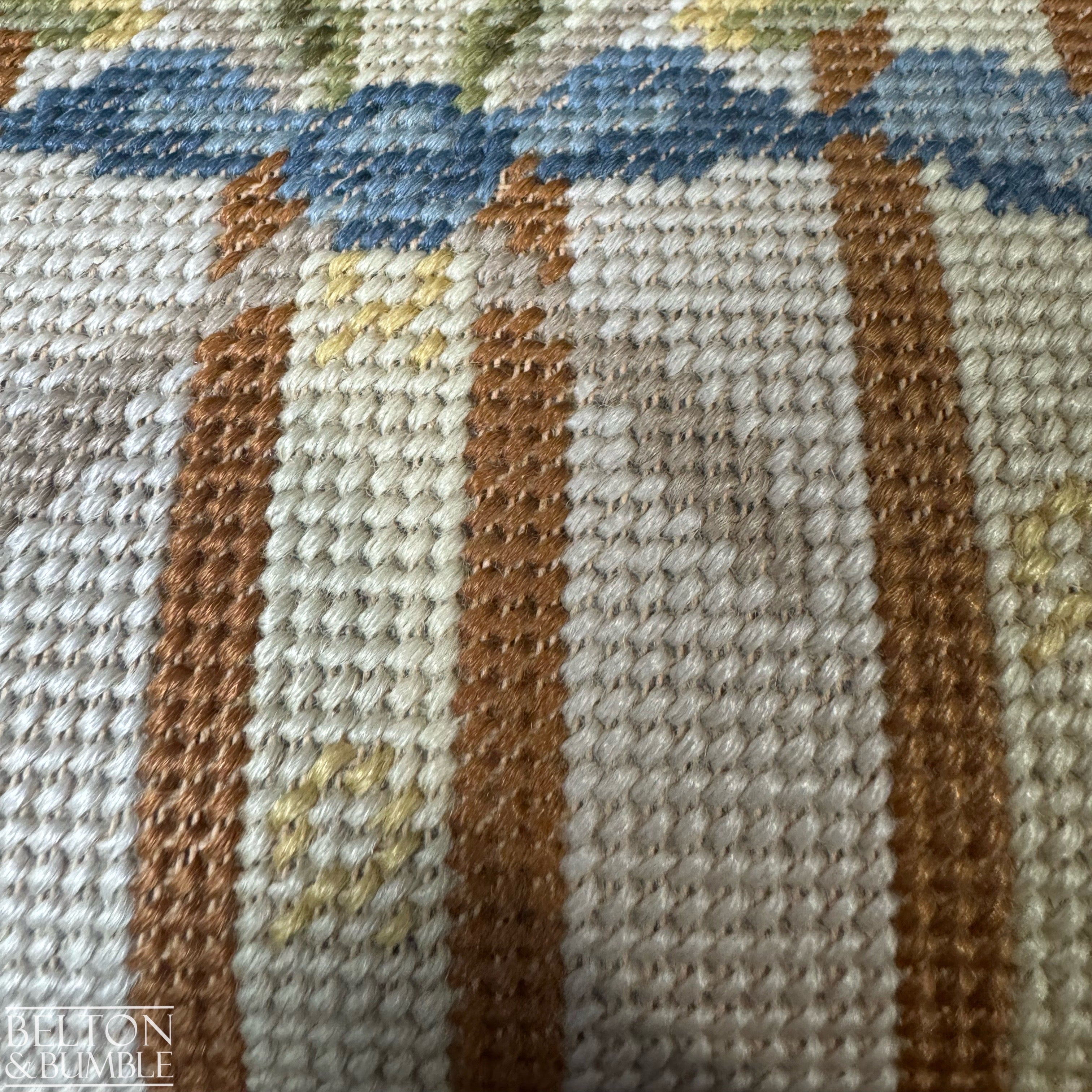 Set of Six Oak Carved Chairs Upholstered with Hand Sewn Tapestry – Close-up of upholstered seat