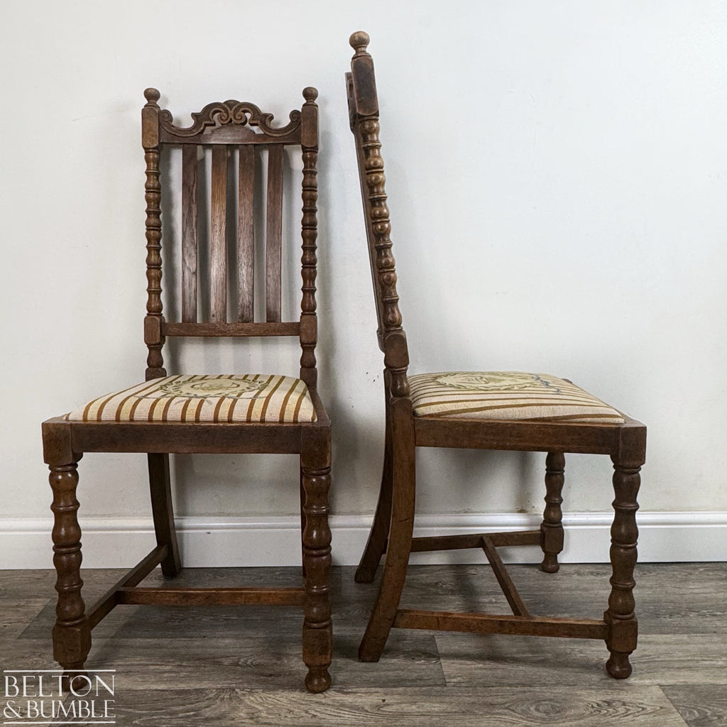 Set of Six Oak Carved Chairs Upholstered with Hand Sewn Tapestry – Side profile highlighting depth, leg shape and silhouette