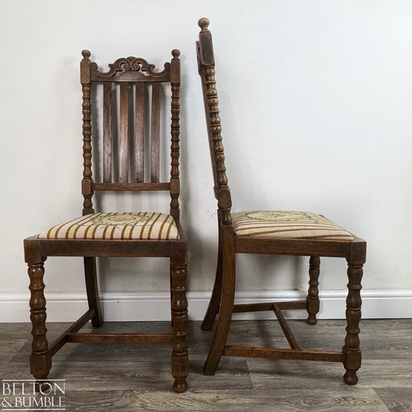 Set of Six Oak Carved Chairs Upholstered with Hand Sewn Tapestry – Side profile highlighting depth, leg shape and silhouette
