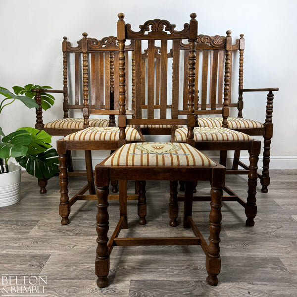 Set of Six Oak Carved Chairs Upholstered with Hand Sewn Tapestry – Styled product shot with complementary decor to suggest scale