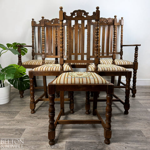 Set of Six Oak Carved Chairs Upholstered with Hand Sewn Tapestry – Styled product shot with complementary decor to suggest scale