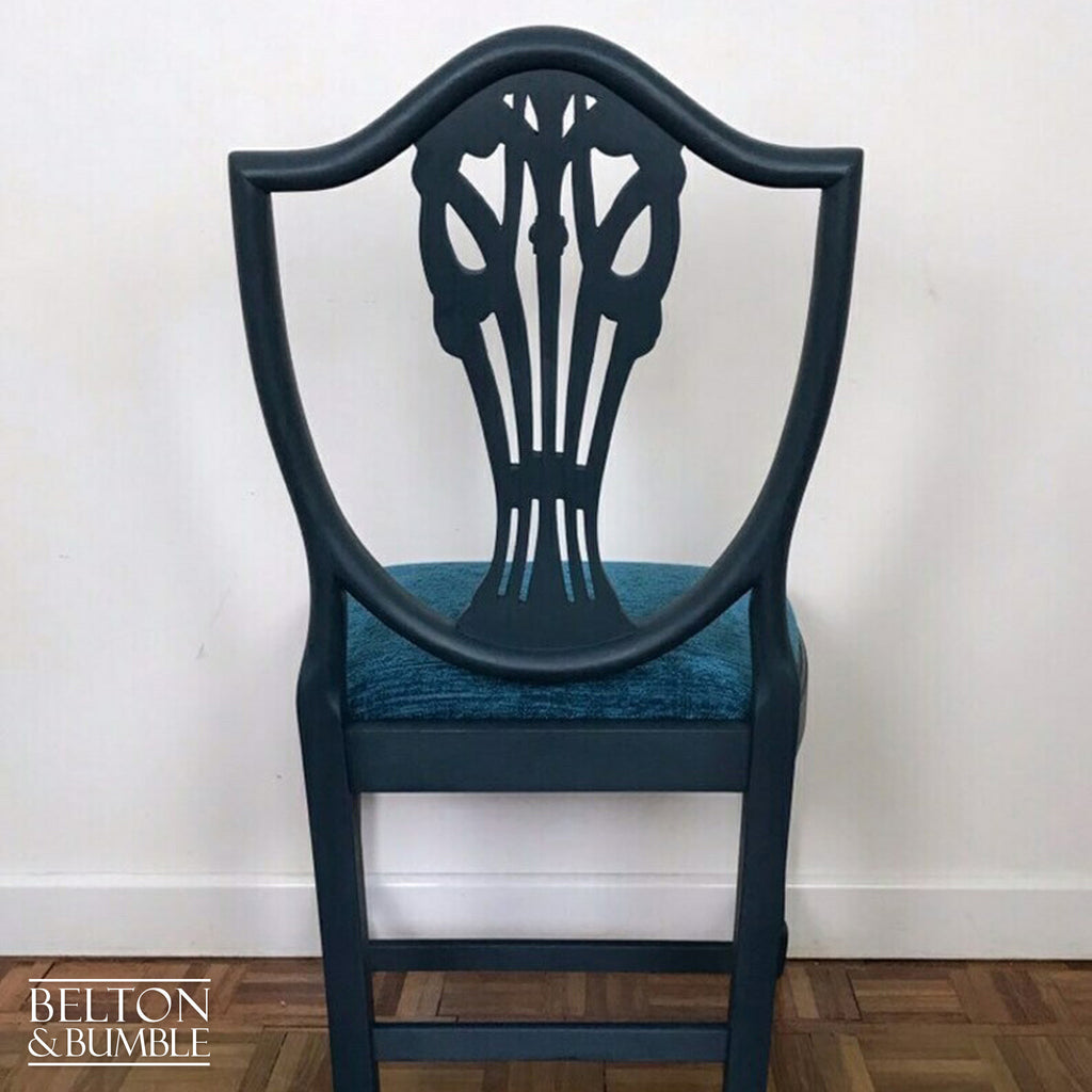 Set of 4 Sheraton Revival Style Dining Chairs in Navy with Teal Chenille Fabric-Belton & Bumble