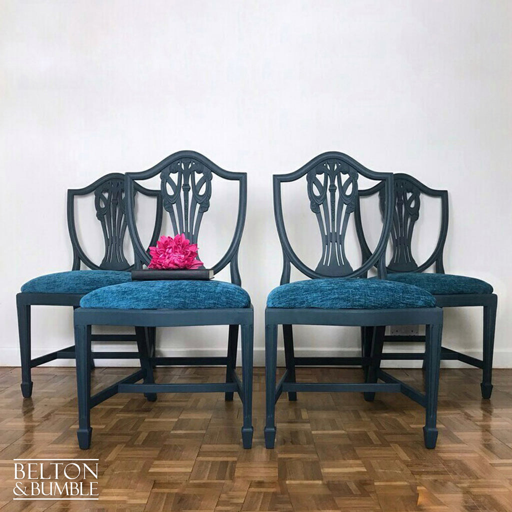 Set of 4 Sheraton Revival Style Dining Chairs in Navy with Teal Chenille Fabric-Belton & Bumble
