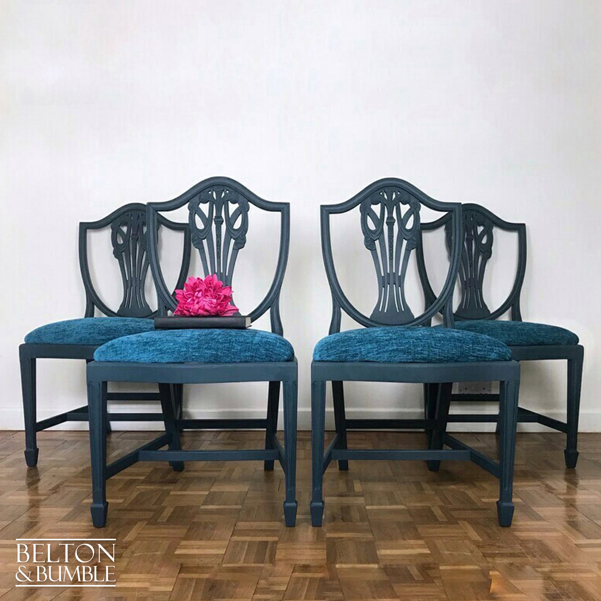 Set of 4 Sheraton Revival Style Dining Chairs in Navy with Teal Chenille Fabric-Belton & Bumble