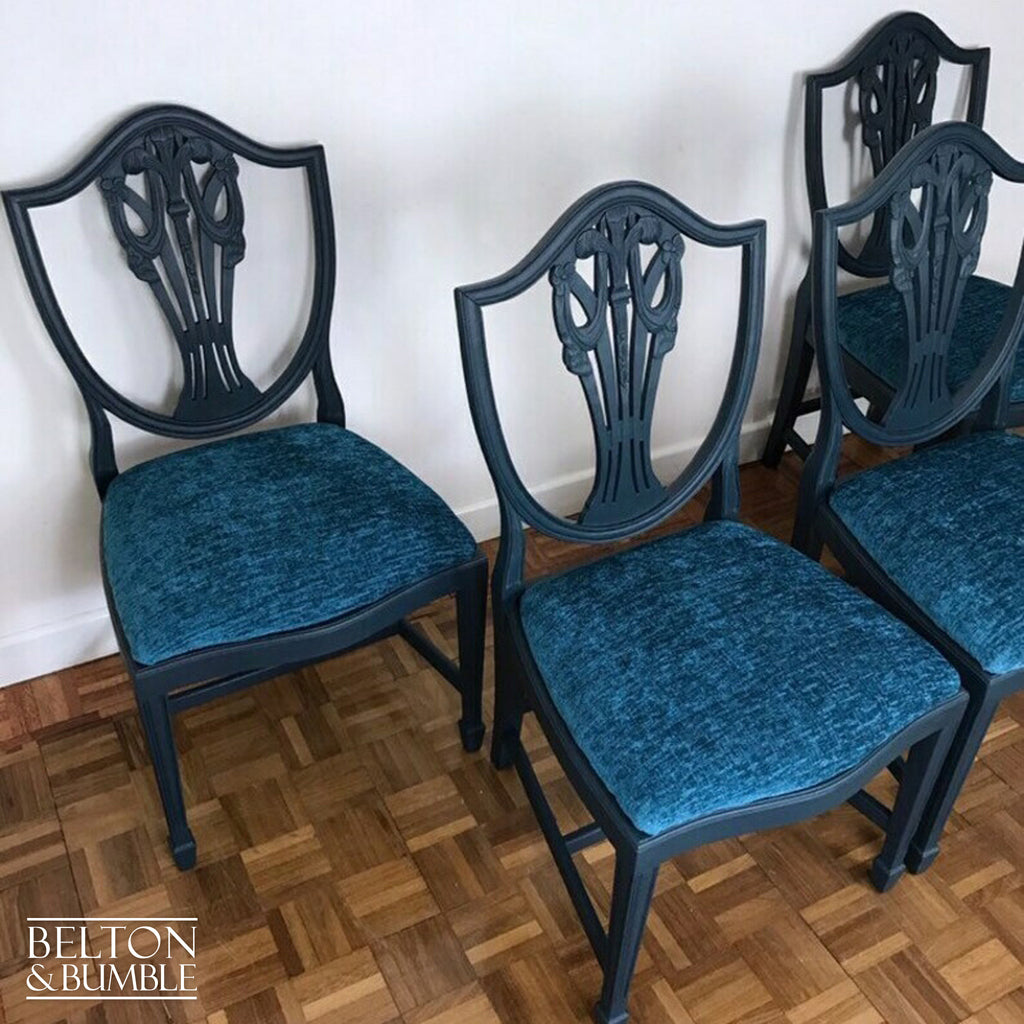Set of 4 Sheraton Revival Style Dining Chairs in Navy with Teal Chenille Fabric-Belton & Bumble
