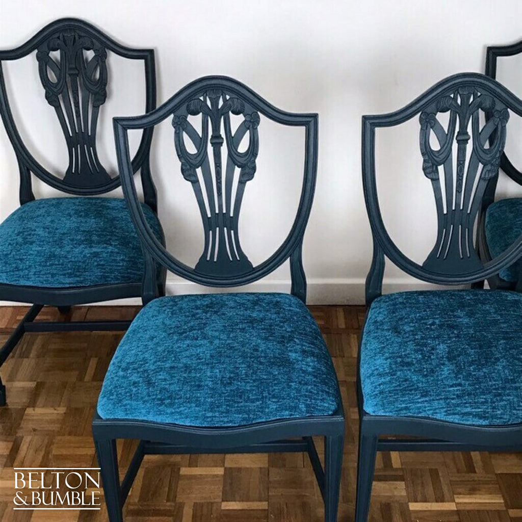 Set of 4 Sheraton Revival Style Dining Chairs in Navy with Teal Chenille Fabric-Belton & Bumble