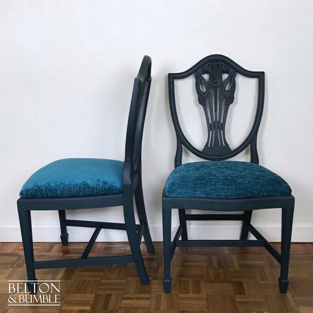 Set of 4 Sheraton Revival Style Dining Chairs in Navy with Teal Chenille Fabric-Belton & Bumble