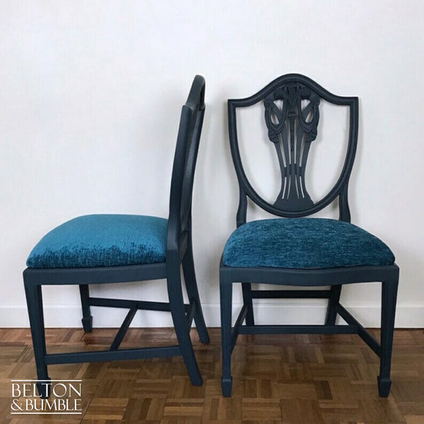 Set of 4 Sheraton Revival Style Dining Chairs in Navy with Teal Chenille Fabric-Belton & Butler