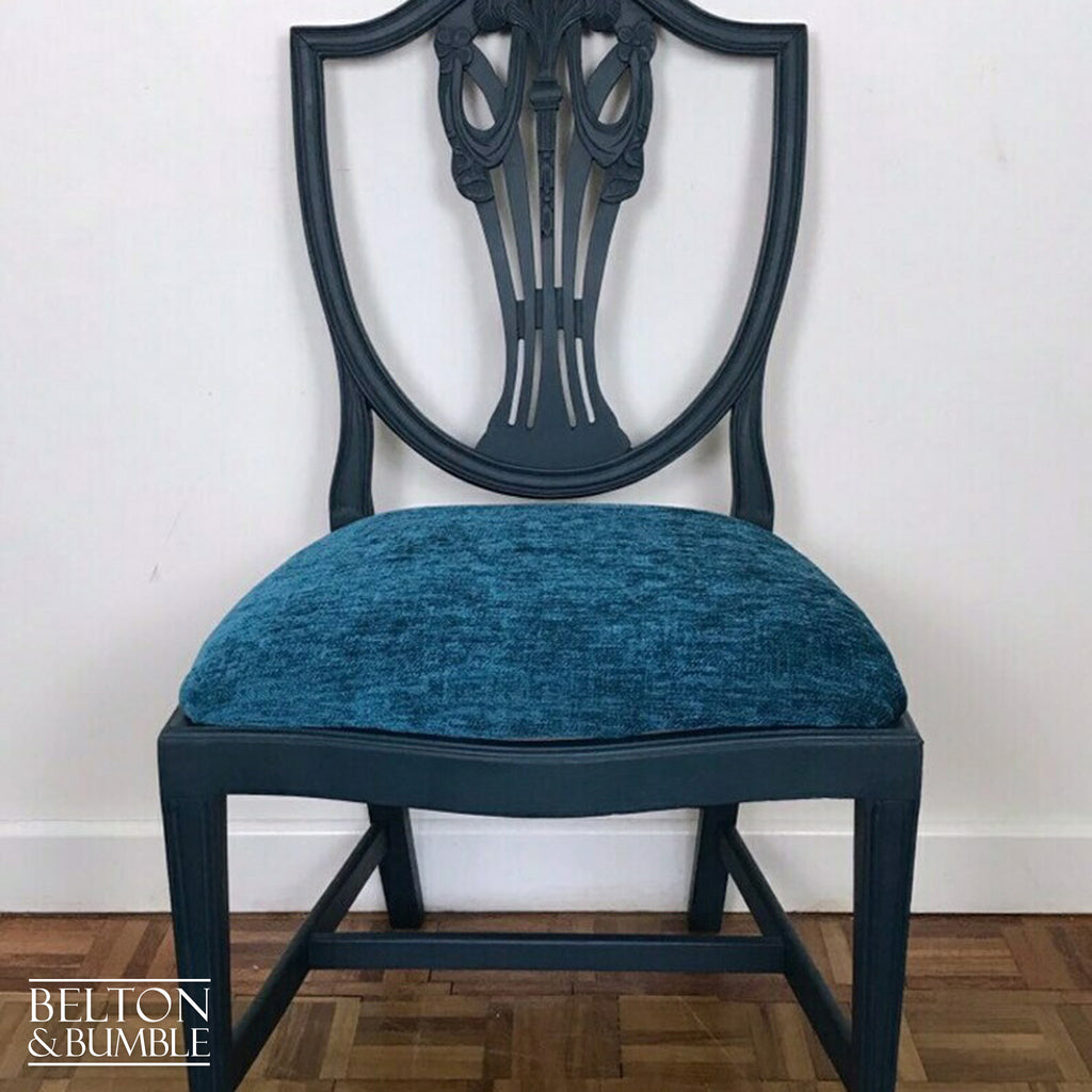 Set of 4 Sheraton Revival Style Dining Chairs in Navy with Teal Chenille Fabric-Belton & Bumble