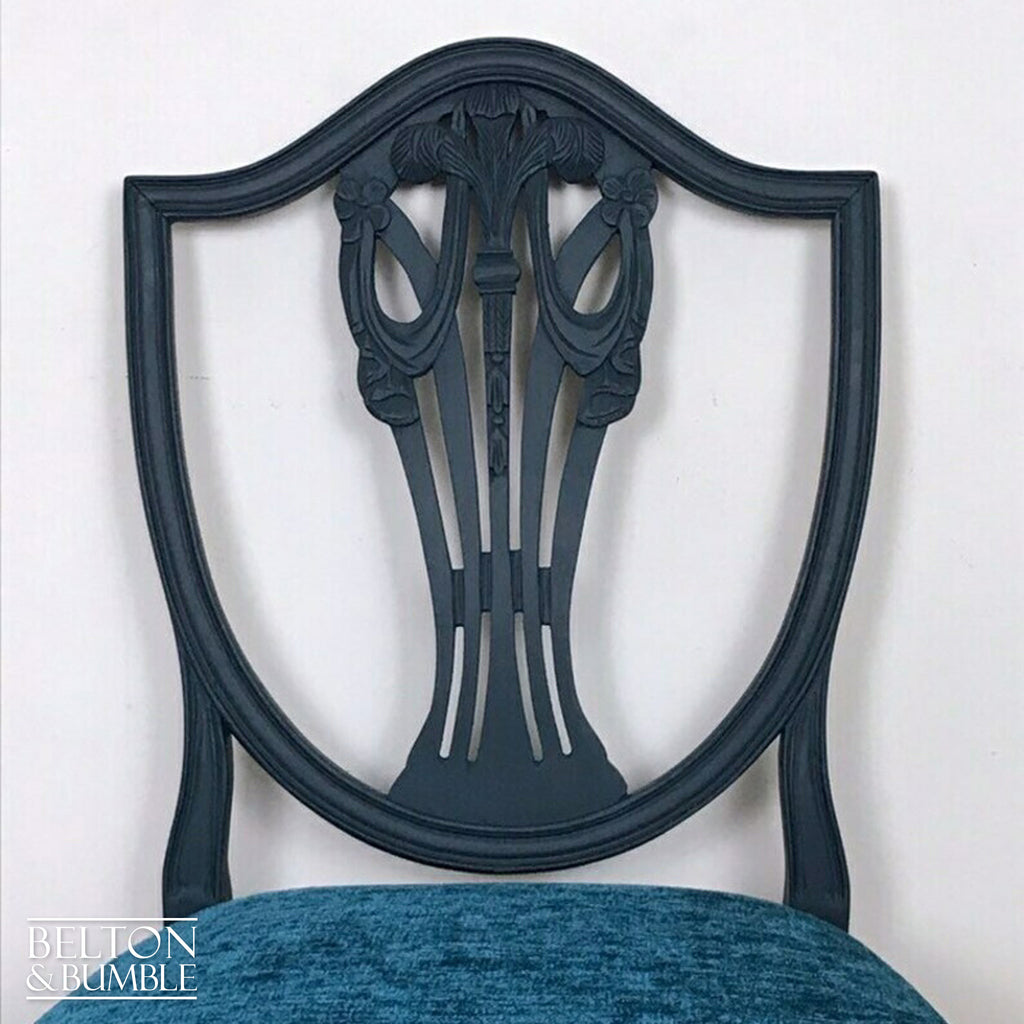 Set of 4 Sheraton Revival Style Dining Chairs in Navy with Teal Chenille Fabric-Belton & Bumble
