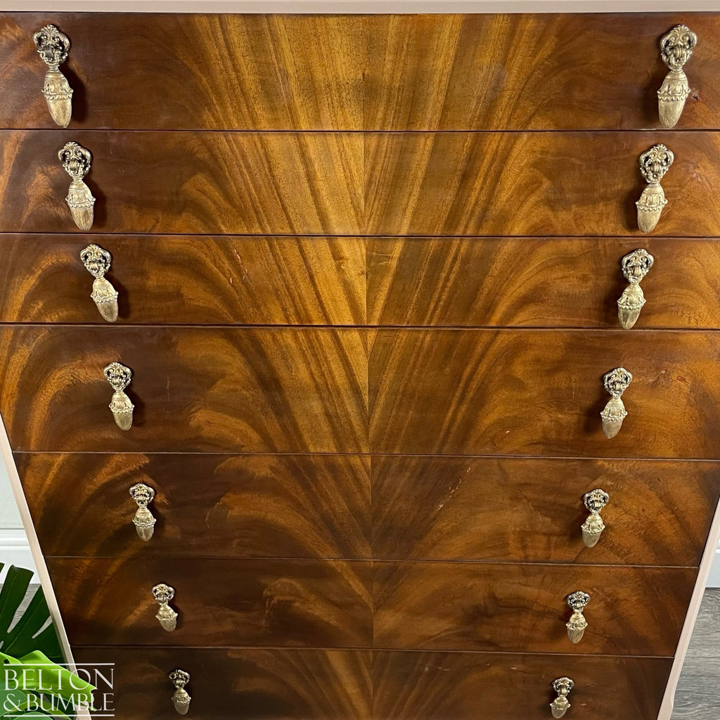 Seven Drawer Chest of Drawers in Dusky Pink and Flame Mahogany – Close-up of hardware: dovetail joints, tapered legs, metal handles