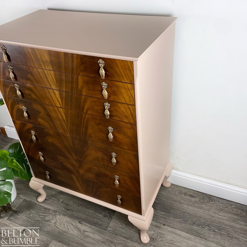 Seven Drawer Chest of Drawers in Dusky Pink and Flame Mahogany – Side profile highlighting depth, leg shape and silhouette