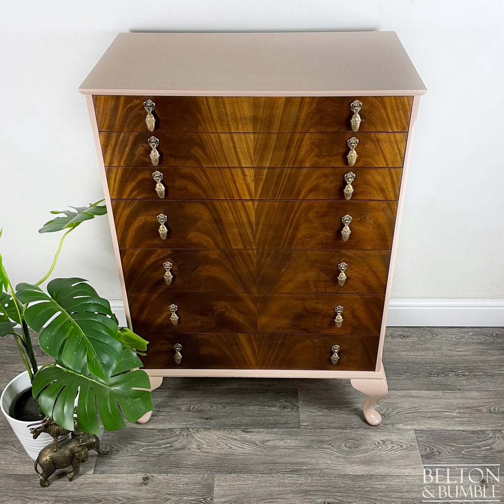 Seven Drawer Chest of Drawers in Dusky Pink and Flame Mahogany – Top surface detail showing smooth, satin finish and edge profile