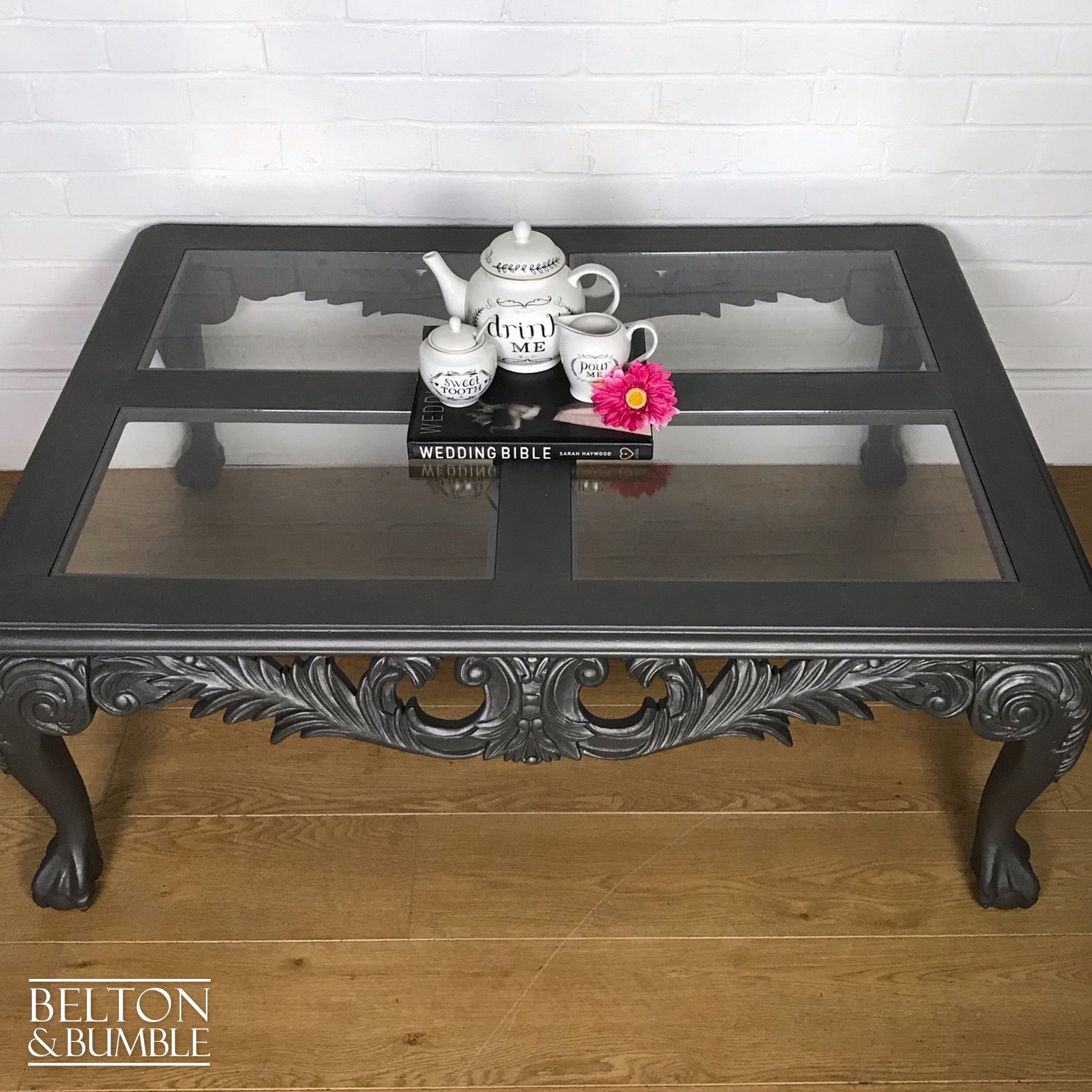 Large Silver Grey Coffee Table with Glass Inserts-Belton & Bumble