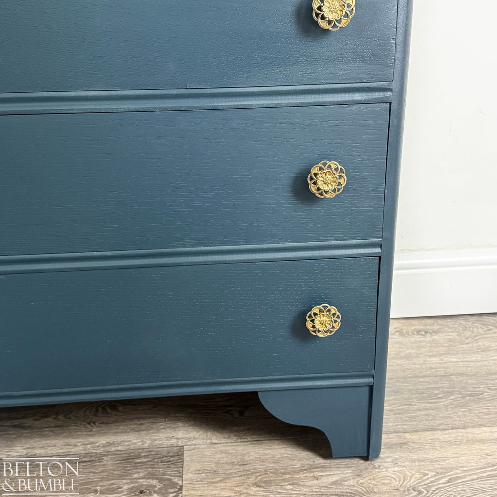 Six Drawer Chest of Drawers in Navy – Close-up legs, metal handles