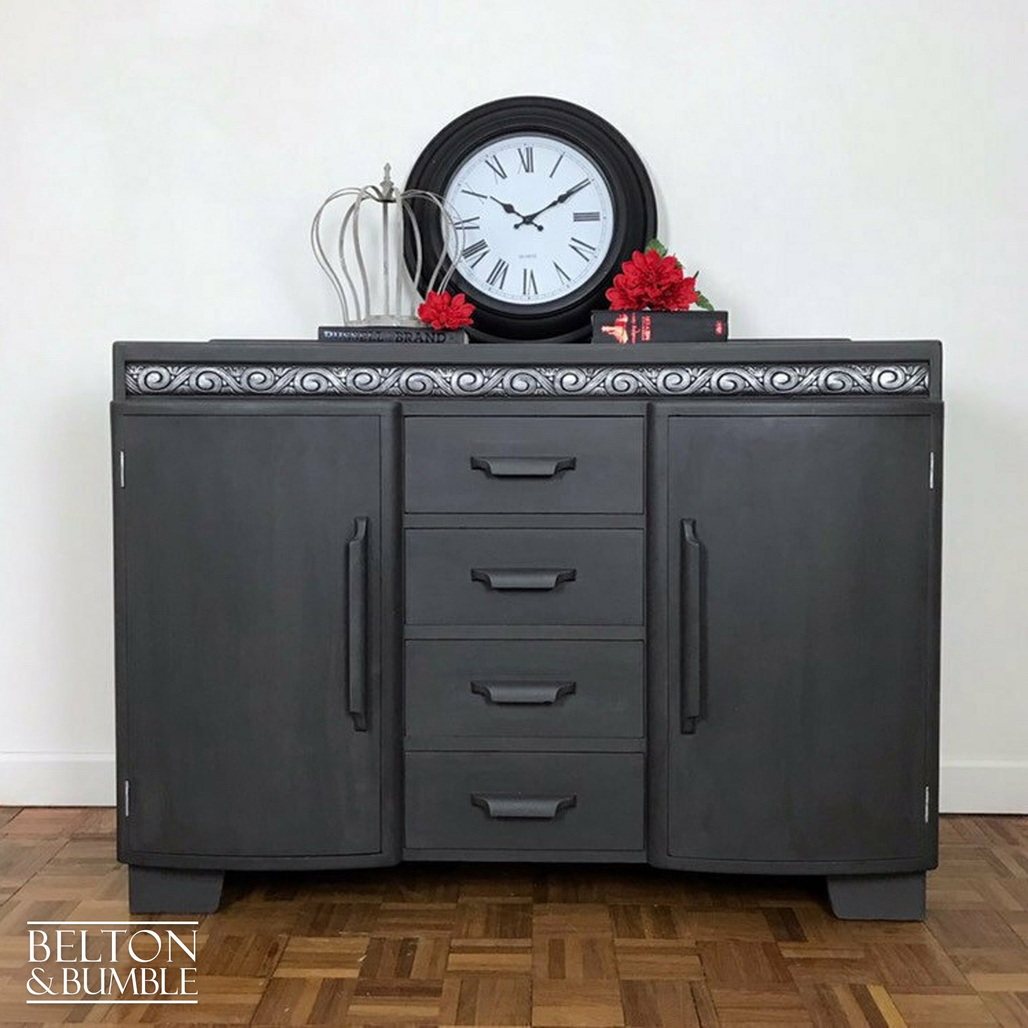 Solid Wood Dark Grey Carved Sideboard-Belton & Bumble