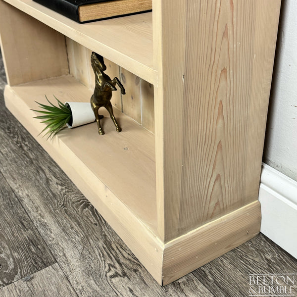 Solid Pine Bookcase, Paint Wash in Taupe — Plinth base detail showing sturdy stance and neat finish
