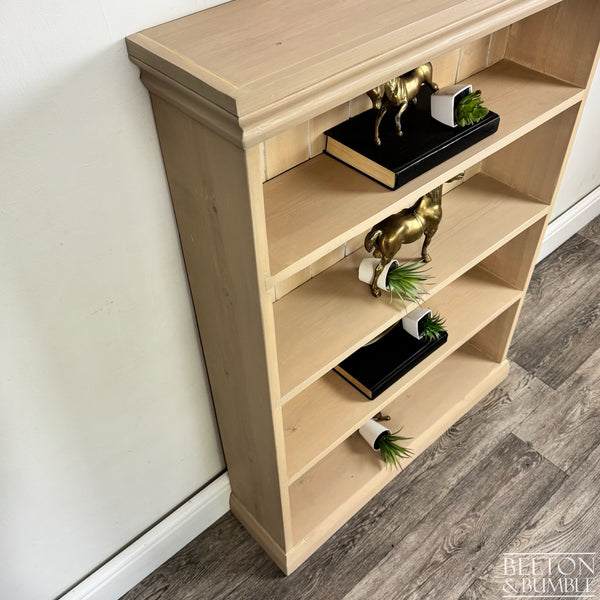 Solid Pine Bookcase, Paint Wash in Taupe — Side profile showing shallow depth and softly rounded front edges